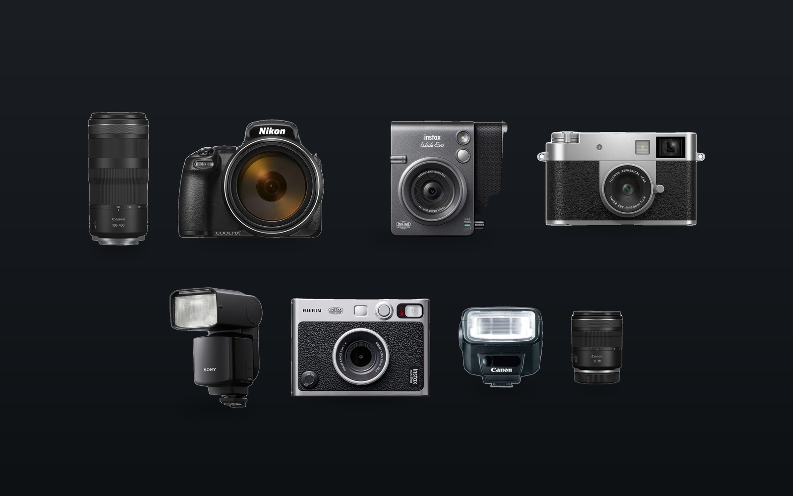 Products Two cameras, two lenses, two flashes and two instant cameras