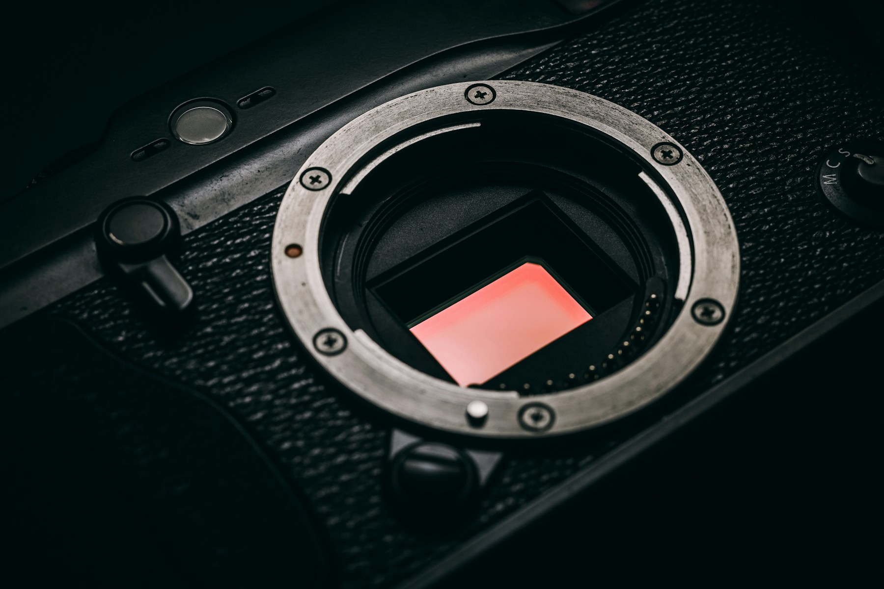 Home Close-up of a camera body, lens mount and sensor