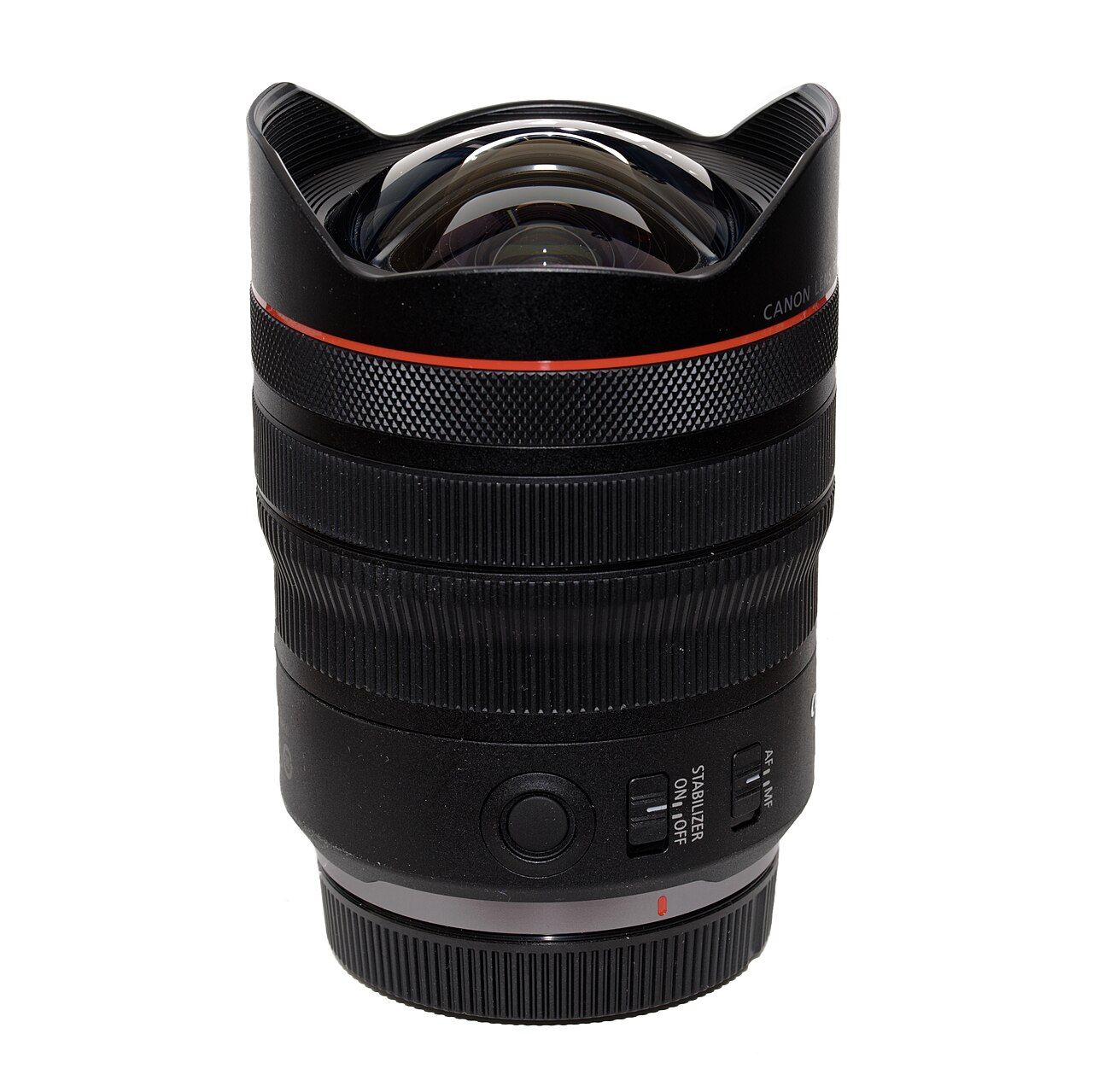 Canon RF 10–20mm F4 L lens on a white background