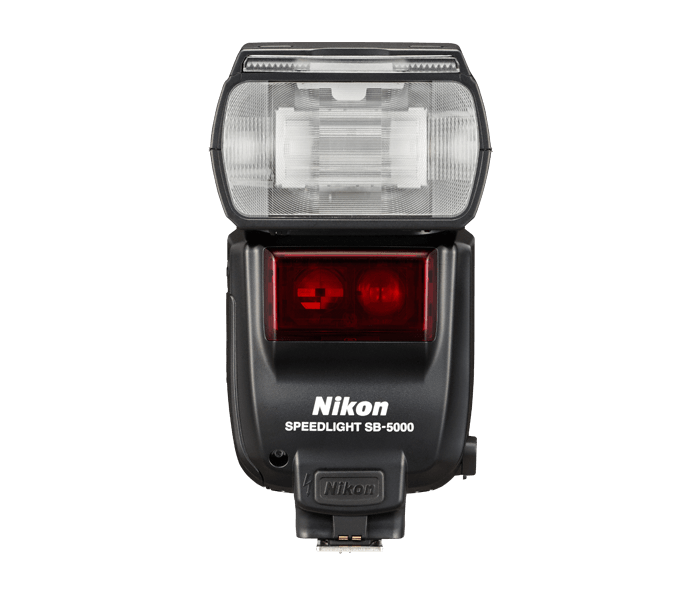 Nikon Speedlight SB-5000 complete flash unit, front view on a clean light background